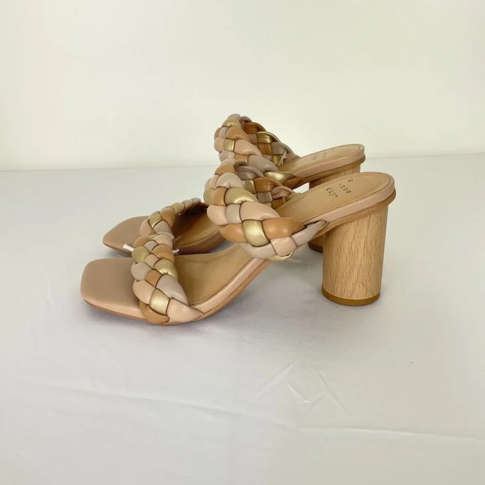 A New Day Womens Heels 7.5 Woven Sandals Tan Metallic Basil Heeled Two Bands New - Picture 5 of 10